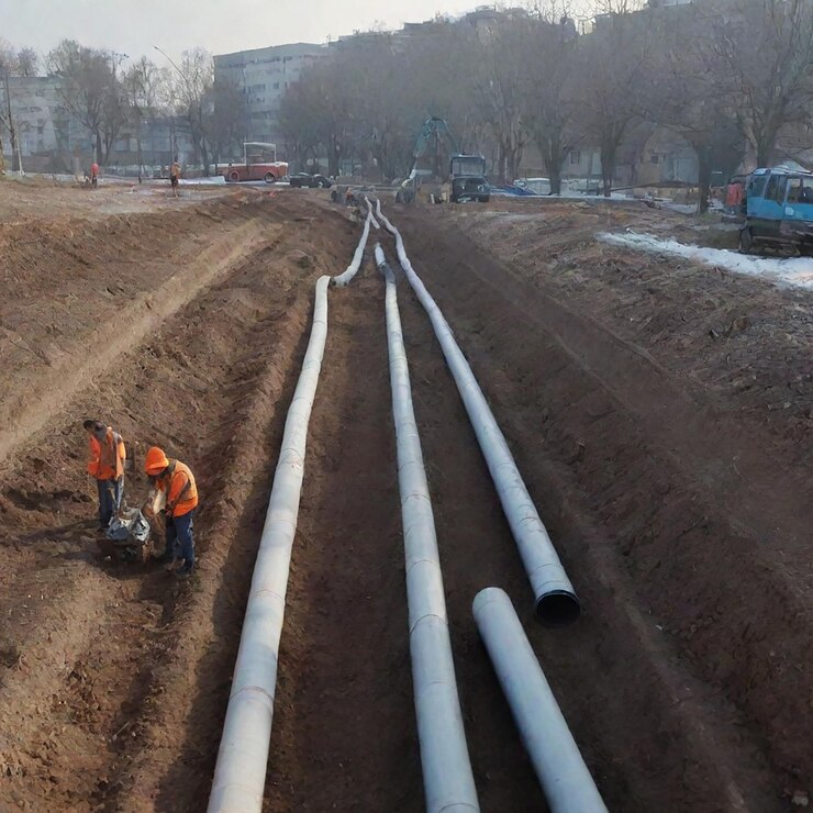chantier de pose de conduites hydrauliques